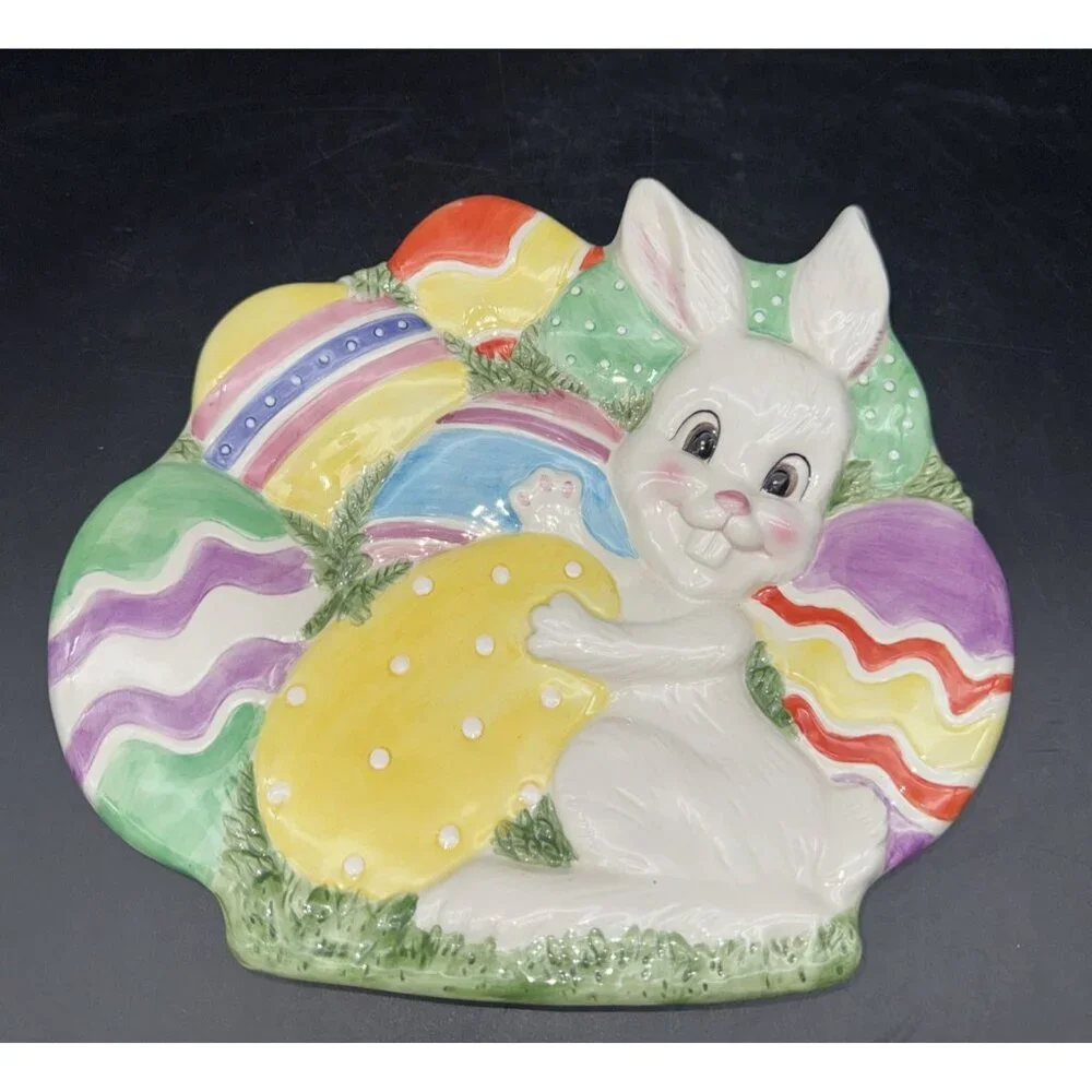 VTG Fitz & Floyd Colorful Ceramic GATHERING‎ EGGS Bunny Rabbit 9” Plate Dish